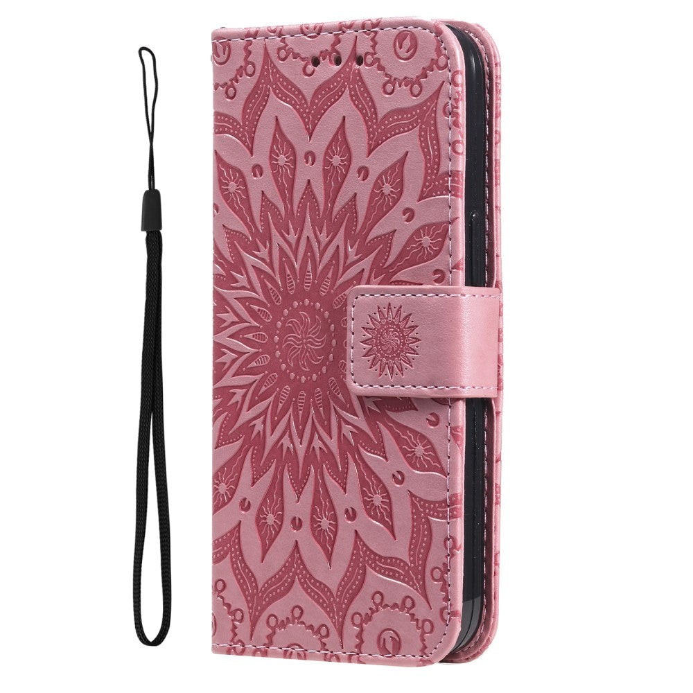 iPhone 15 Plus Skinn Deksel med Lommebok og Stropp - Mandala Blomst - Rosa