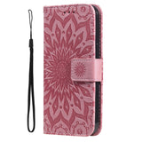 iPhone 15 Plus Skinn Deksel med Lommebok og Stropp - Mandala Blomst - Rosa