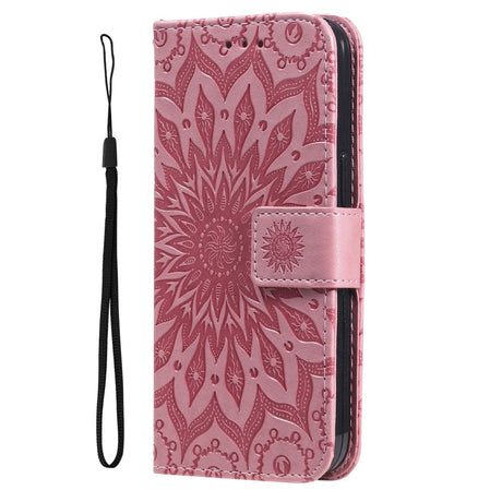 iPhone 15 Plus Skinn Deksel med Lommebok og Stropp - Mandala Blomst - Rosa