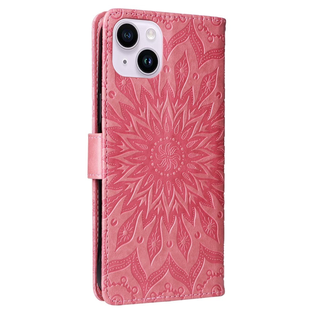 iPhone 15 Plus Skinn Deksel med Lommebok og Stropp - Mandala Blomst - Rosa