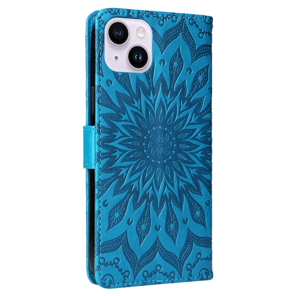 iPhone 15 Skinn Deksel med Lommebok og Stropp - Mandala Blomst - Blå