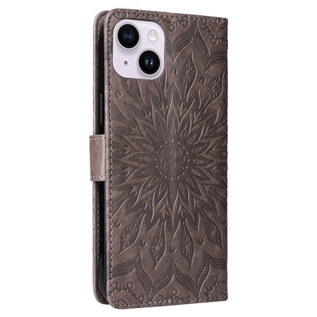 iPhone 15 Plus Skinn Deksel med Lommebok og Stropp - Mandala Blomst - Grå