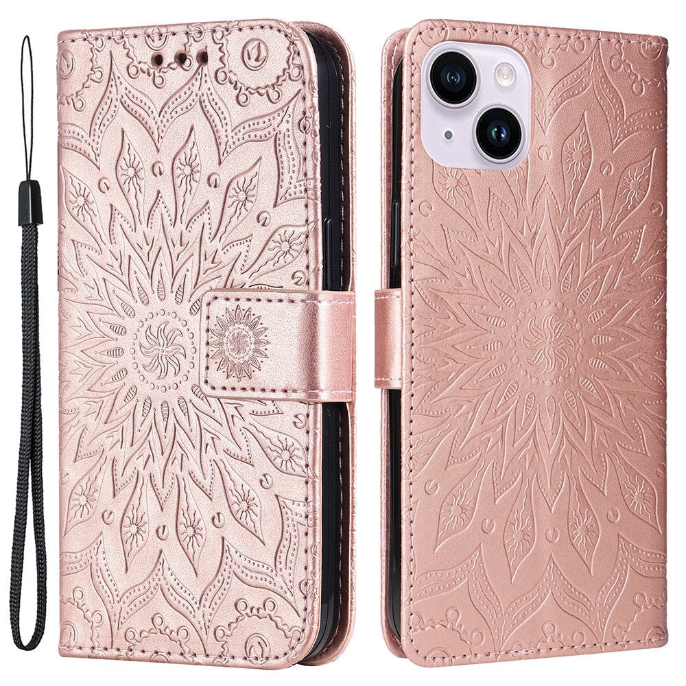 iPhone 15 Skinn Deksel med Lommebok og Stropp - Mandala Blomst - Rose Gold