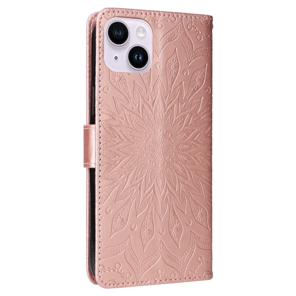 iPhone 15 Skinn Deksel med Lommebok og Stropp - Mandala Blomst - Rose Gold