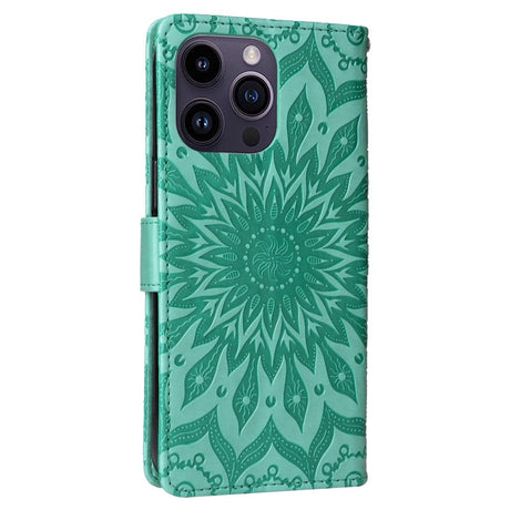 iPhone 15 Pro Max Skinn Deksel med Lommebok og Stropp - Mandala Blomst - Grønn