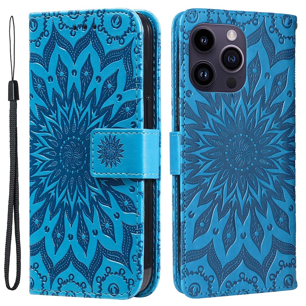 iPhone 15 Pro Max Skinn Deksel med Lommebok og Stropp - Mandala Blomst - Blå