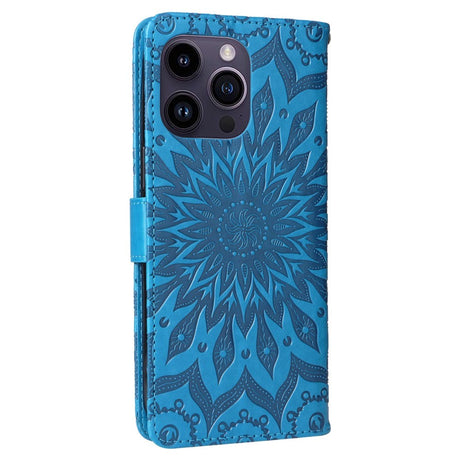 iPhone 15 Pro Max Skinn Deksel med Lommebok og Stropp - Mandala Blomst - Blå