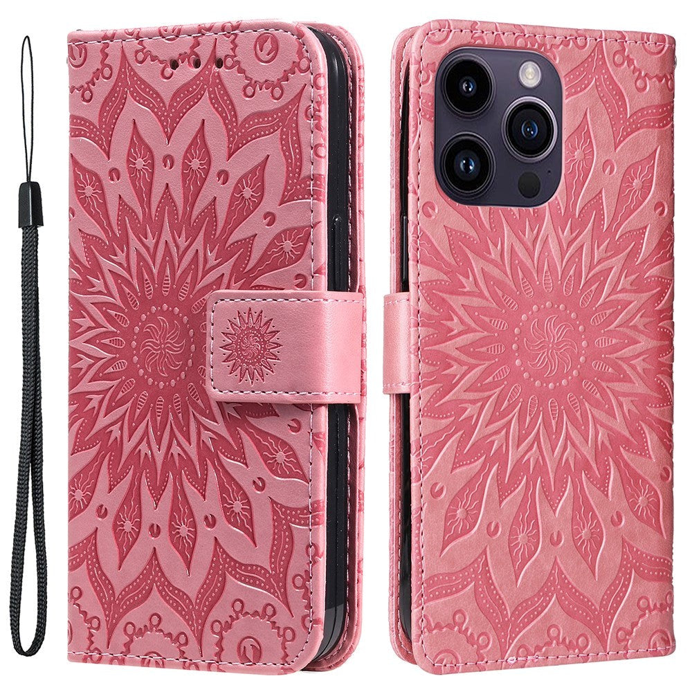 iPhone 15 Pro Max Skinn Deksel med Lommebok og Stropp - Mandala Blomst - Rosa