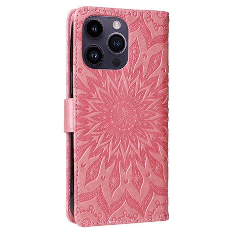 iPhone 15 Pro Max Skinn Deksel med Lommebok og Stropp - Mandala Blomst - Rosa