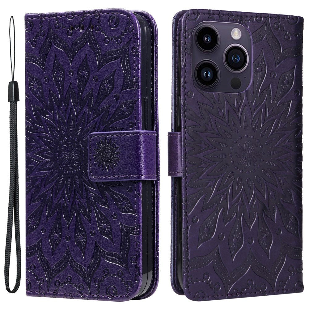 iPhone 15 Pro Max Skinn Deksel med Lommebok og Stropp - Mandala Blomst - Lilla