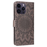 iPhone 15 Pro Max Skinn Deksel med Lommebok og Stropp - Mandala Blomst - Grå