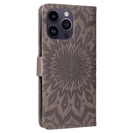 iPhone 15 Pro Max Skinn Deksel med Lommebok og Stropp - Mandala Blomst - Grå