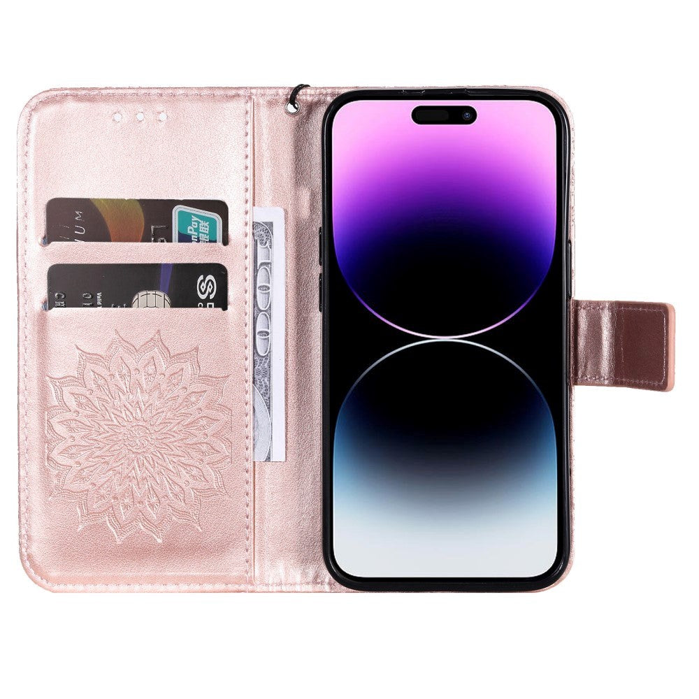 iPhone 15 Pro Max Skinn Deksel med Lommebok og Stropp - Mandala Blomst - Rose Gold