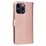 iPhone 15 Pro Max Skinn Deksel med Lommebok og Stropp - Mandala Blomst - Rose Gold