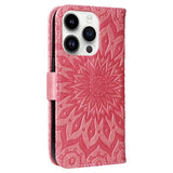 iPhone 15 Pro Skinn Deksel med Lommebok og Stropp - Mandala Blomst - Rosa