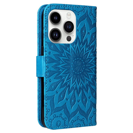 iPhone 15 Pro Skinn Deksel med Lommebok og Stropp - Mandala Blomst - Blå