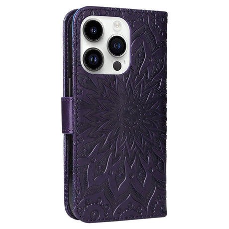 iPhone 15 Pro Skinn Deksel med Lommebok og Stropp - Mandala Blomst - Lilla