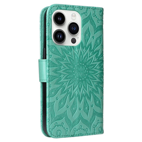 iPhone 15 Pro Skinn Deksel med Lommebok og Stropp - Mandala Blomst - Grønn