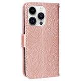 iPhone 15 Pro Skinn Deksel med Lommebok og Stropp - Mandala Blomst - Rose Gold