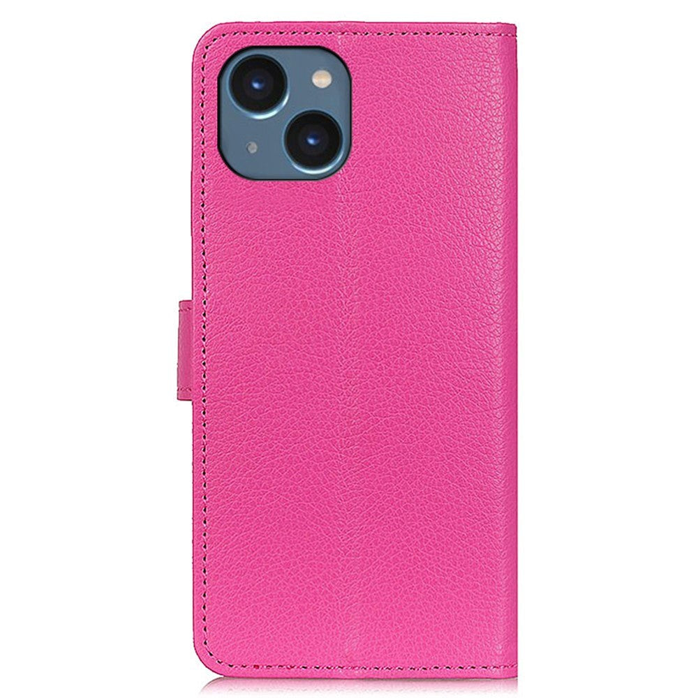 iPhone 15 Litchi Skinn Deksel m. Lommebok - Rosa