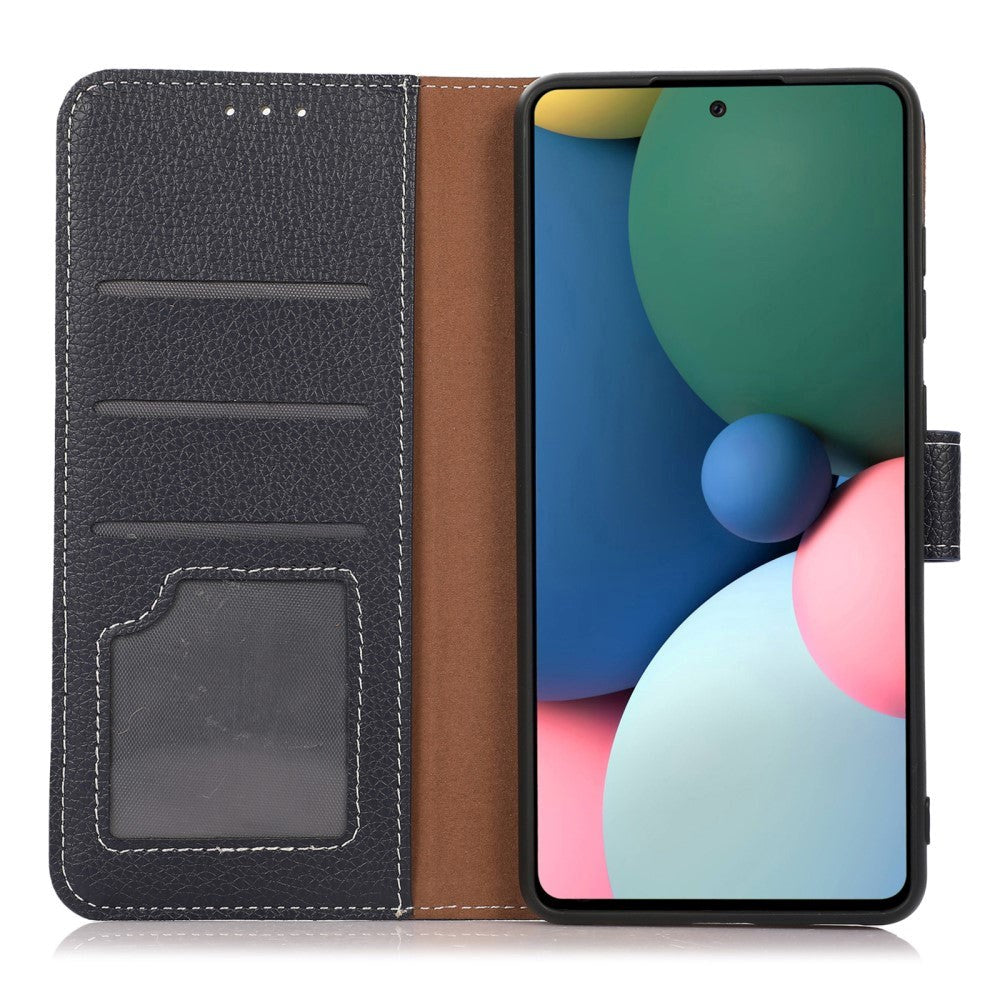 iPhone 15 Pro Litchi Leather Flip Deksel med Hvite Sømmer og Lommebok - Mørke Blå