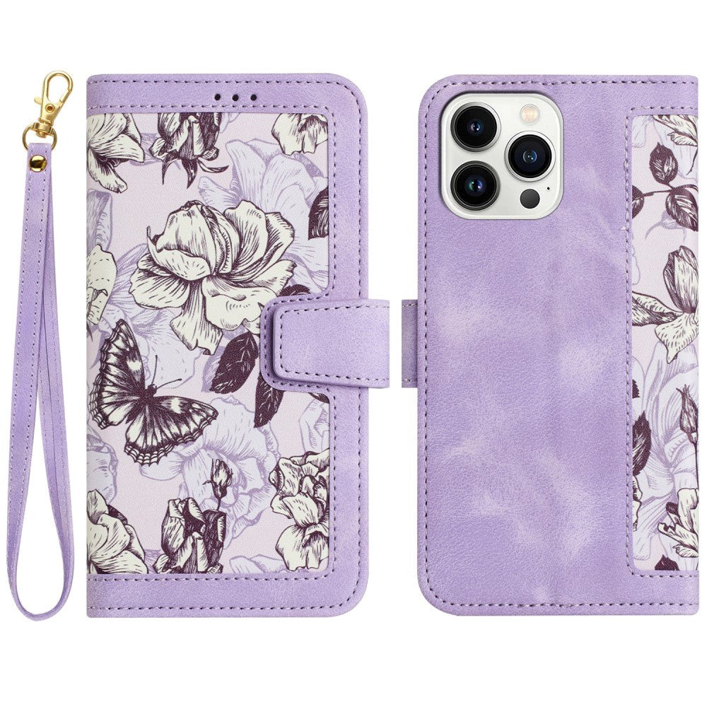 iPhone 15 Pro Leather Flip Cover med Lommebok og Stropp - Lilla med Blomster og Sommerfugl