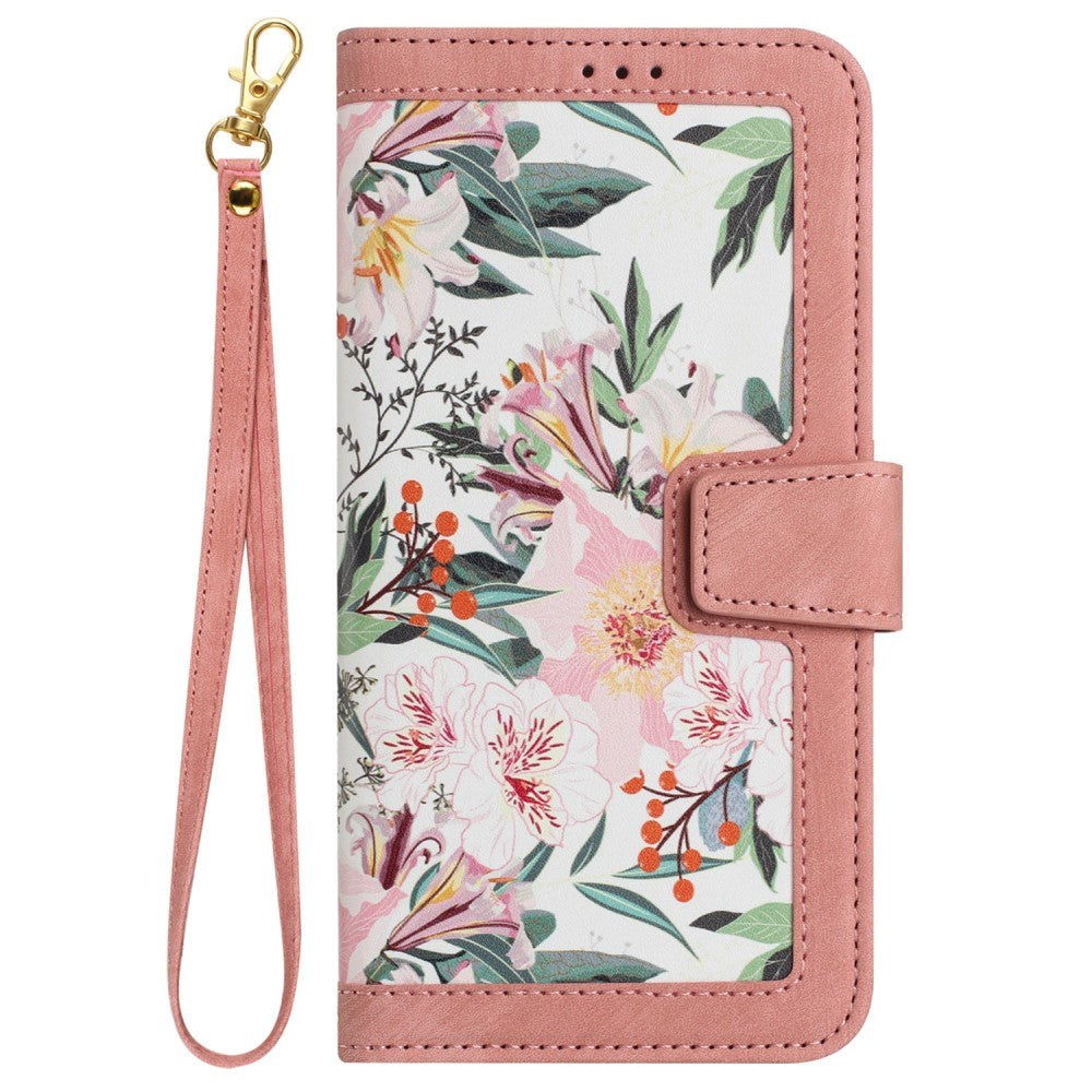 iPhone 15 Pro Leather Flip Cover med Lommebok og Stropp - Rosa med Blomster