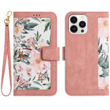 iPhone 15 Pro Leather Flip Cover med Lommebok og Stropp - Rosa med Blomster