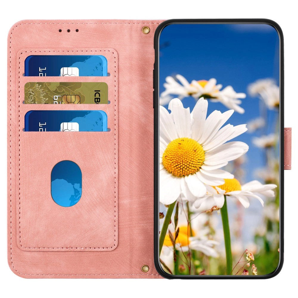 iPhone 15 Pro Leather Flip Cover med Lommebok og Stropp - Rosa med Blomster