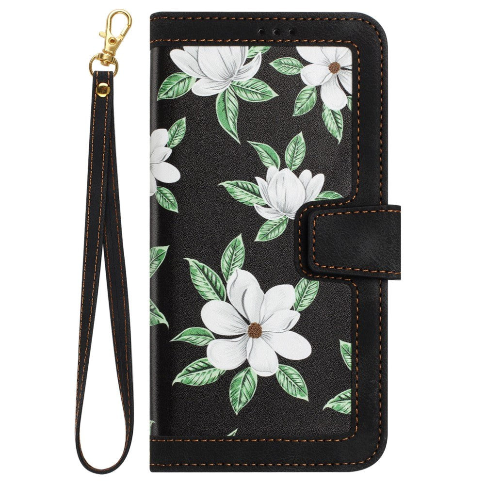 iPhone 15 Pro Leather Flip Cover med Lommebok og Stropp - Svart med Blomster