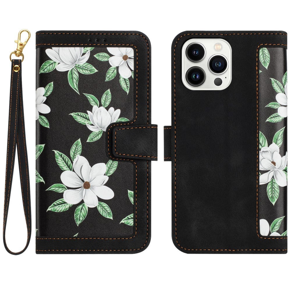 iPhone 15 Pro Leather Flip Cover med Lommebok og Stropp - Svart med Blomster