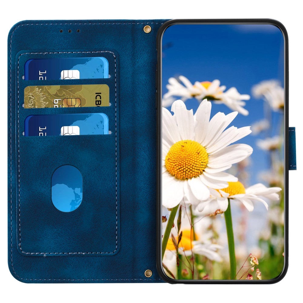 iPhone 15 Pro Leather Flip Cover med Lommebok og Stropp - Mørk Blå med Blomster