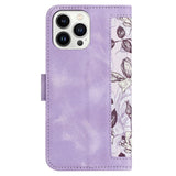 iPhone 15 Leather Flip Cover med Lommebok og Stropp - Lilla m. Blomster