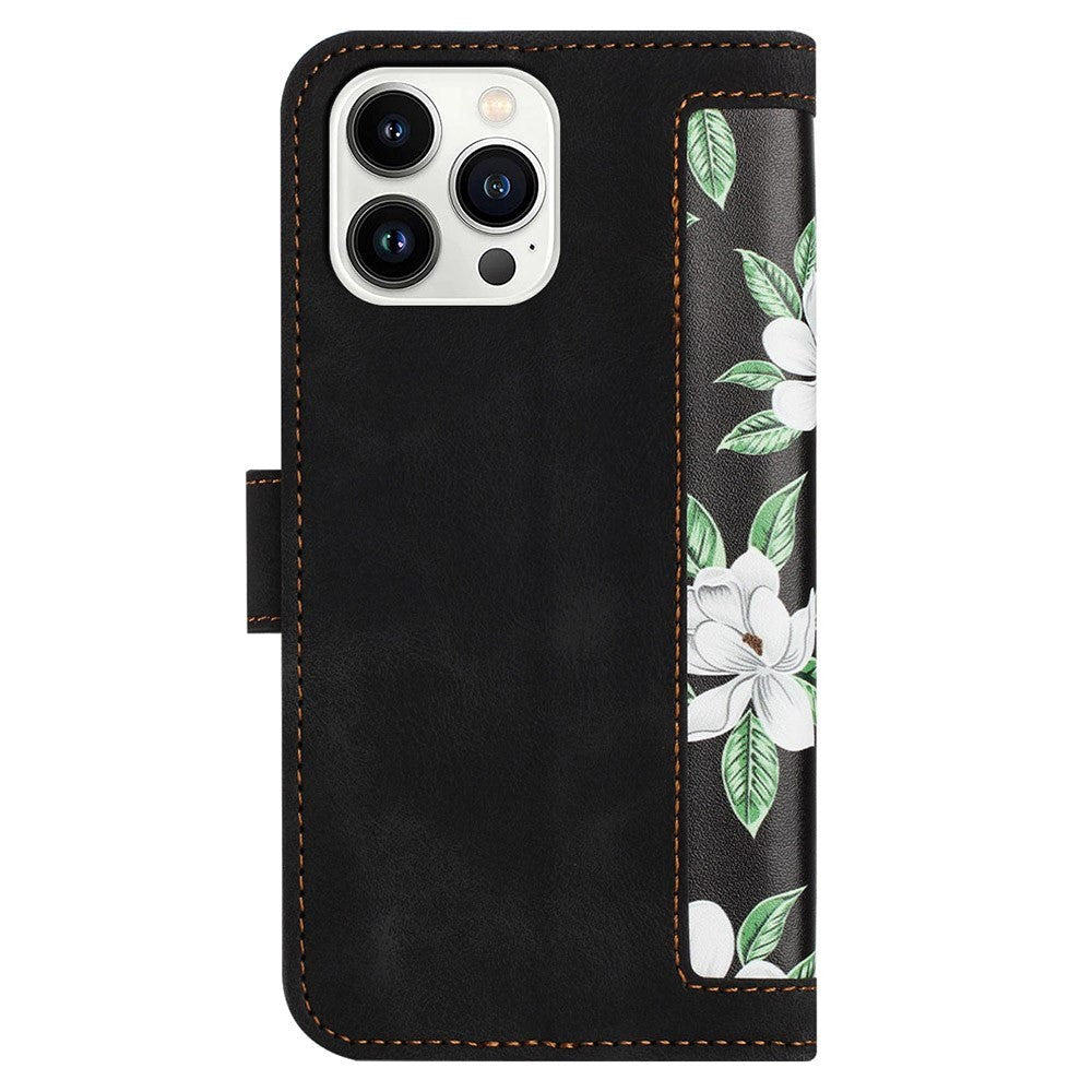 iPhone 15 Leather Flip Cover med Lommebok og Stropp - Svart m. Blomster