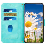 iPhone 15 Pro Max Leather Flip Cover med Lommebok og Stropp - Turkis m. Blomster og Blader