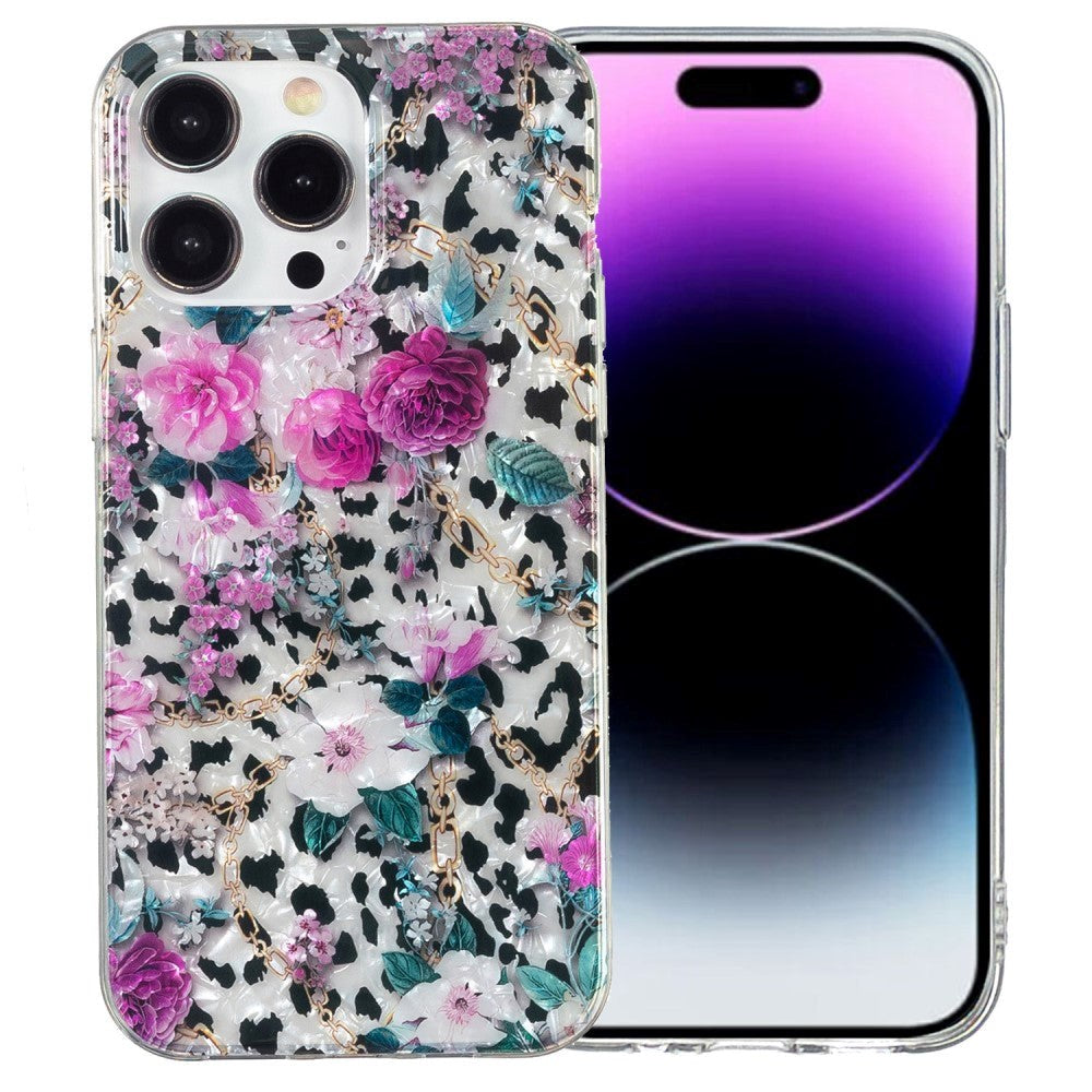 iPhone 15 Pro Fleksibelt Plastdeksel - Leopard og Blomster Mønster