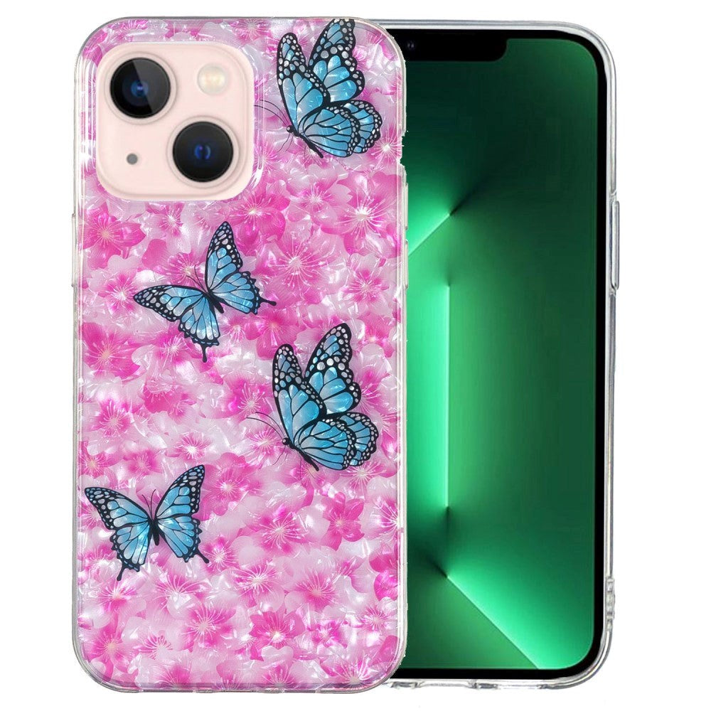 iPhone 15 Fleksibelt Plastdeksel - Rosa med Blomster og Sommerfugler