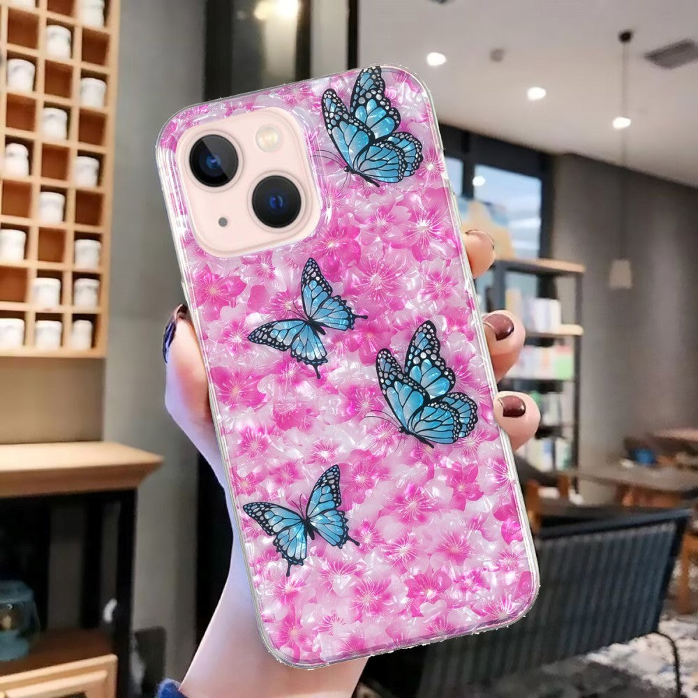 iPhone 15 Fleksibelt Plastdeksel - Rosa med Blomster og Sommerfugler