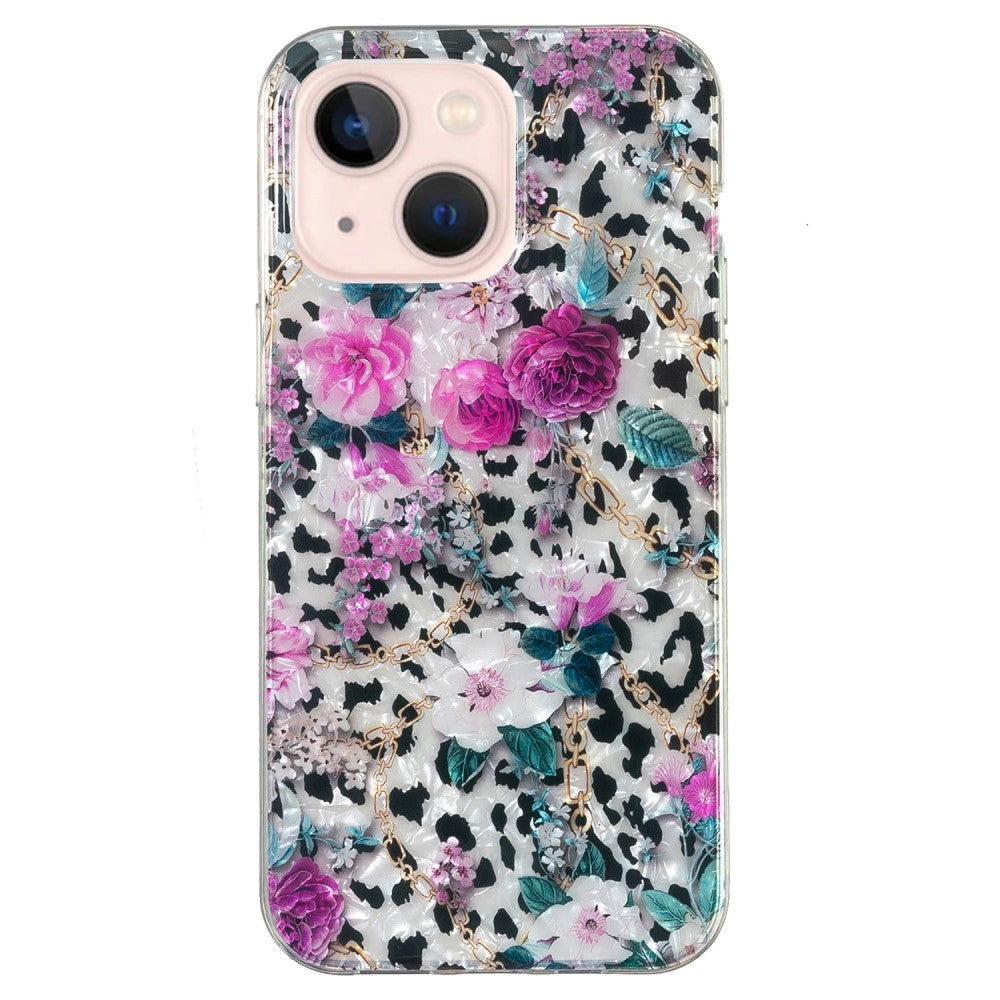 iPhone 15 Fleksibelt Plastdeksel - Leopard og Blomster Mønster