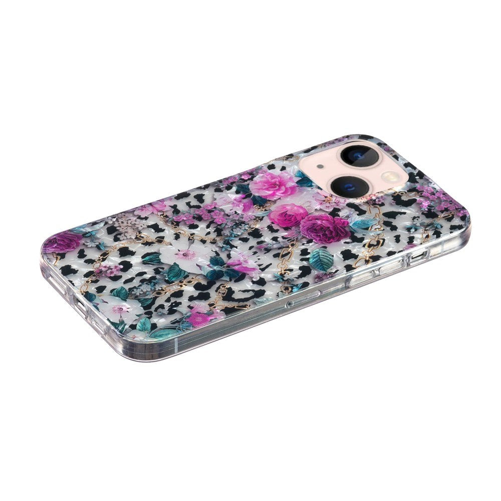 iPhone 15 Fleksibelt Plastdeksel - Leopard og Blomster Mønster