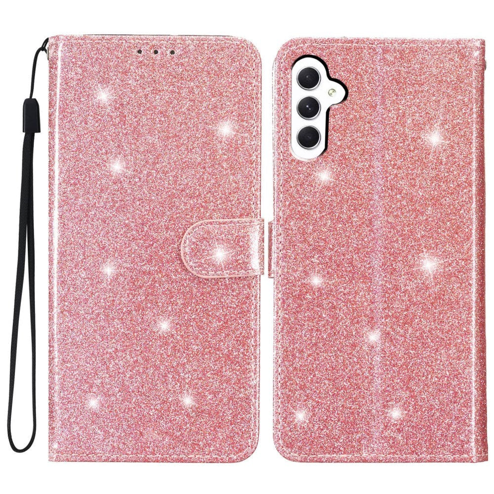 Samsung Galaxy A25 (5G) Flip Deksel med Lommebok og Stropp - Glitter - Rose Gold