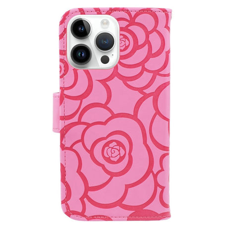 iPhone 15 Pro Kunstskinn Deksel m. Lommebok og Stropp - Kamelia Blomst - Rosa