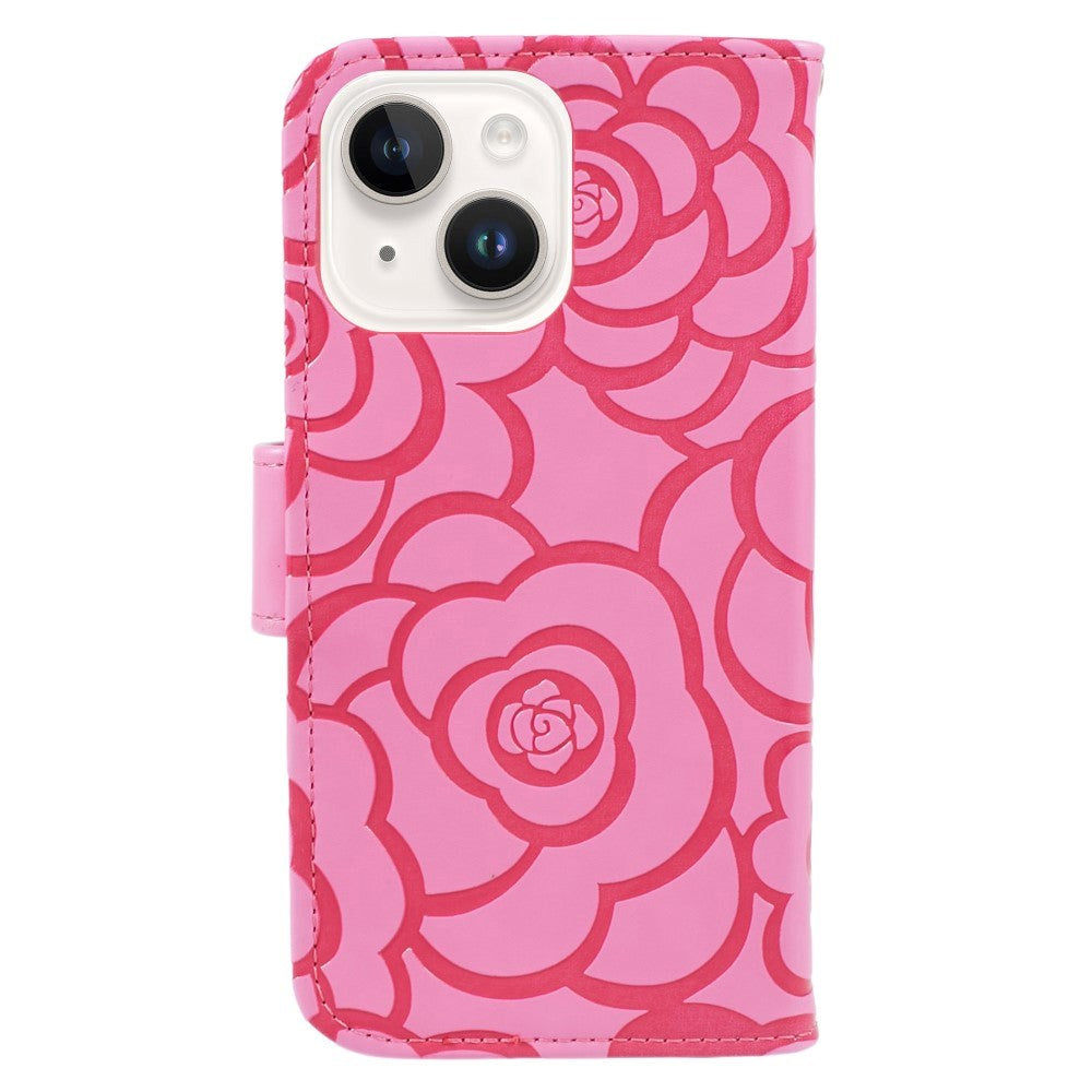 iPhone 15 Kunstskinn Deksel m. Lommebok og Stropp - Kamelia Blomst - Rosa