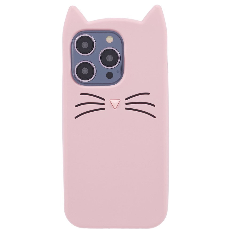 iPhone 14 Pro Silikon Deksel m. 3D Katt - Rosa