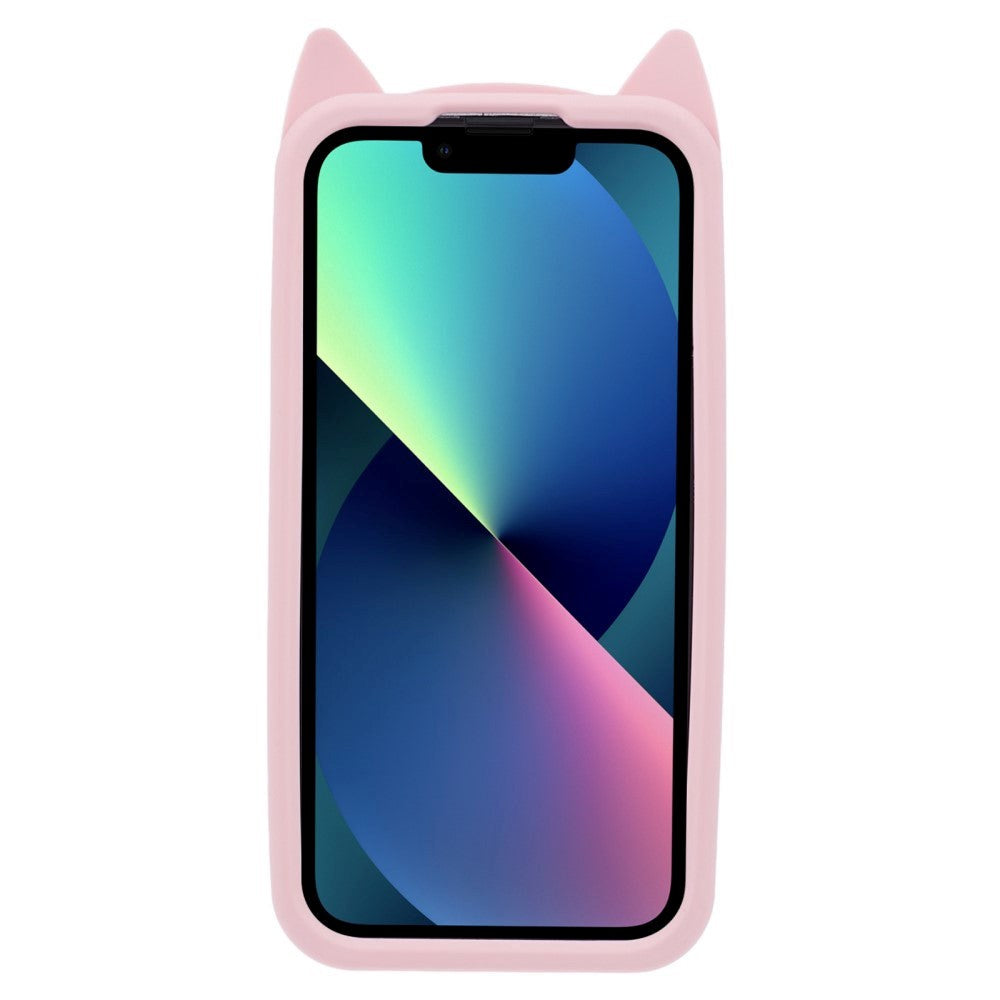 iPhone 13 Silikon Deksel m. 3D Katt - Rosa