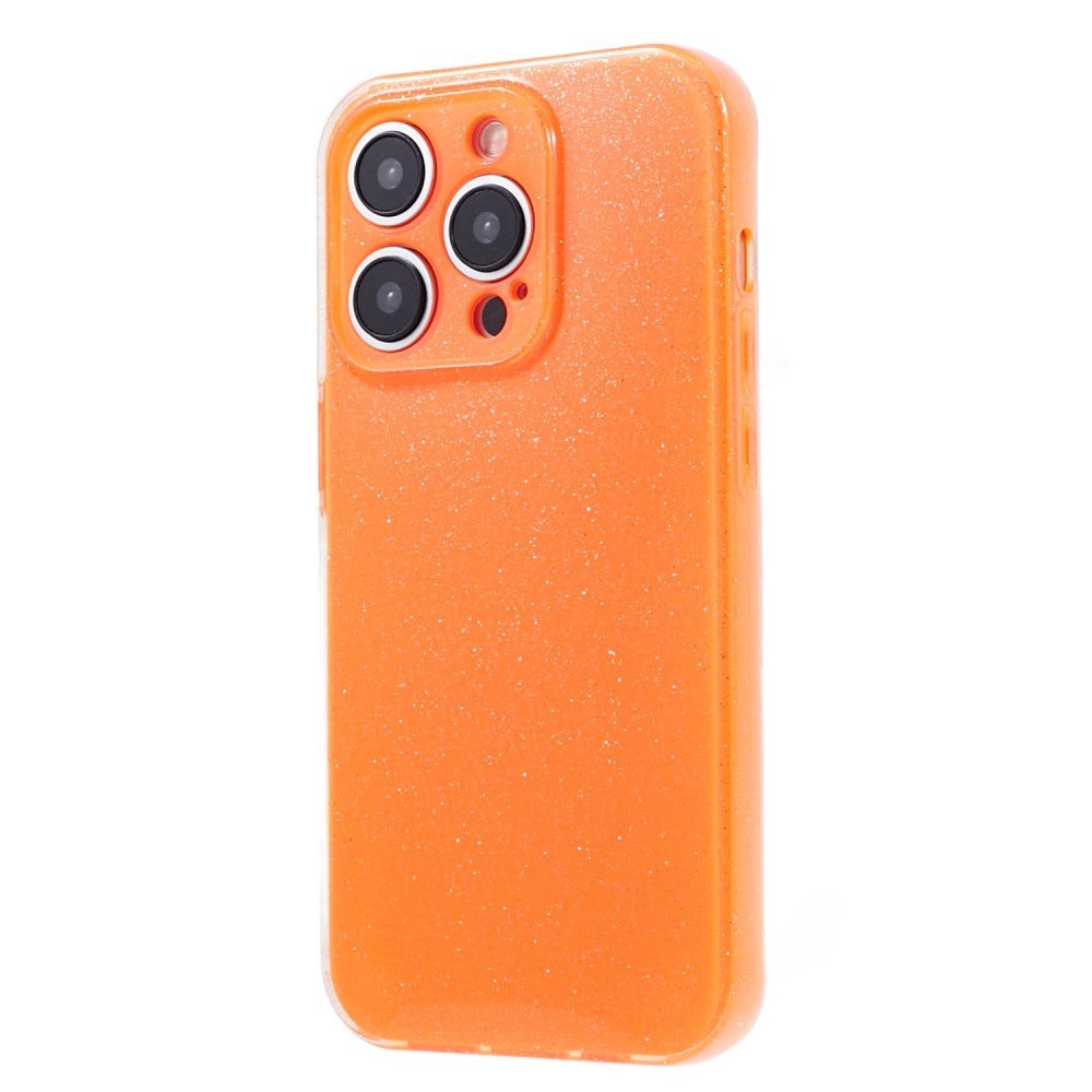 iPhone 15 Pro Fleksibelt Plastdeksel med Glitter - Oransje