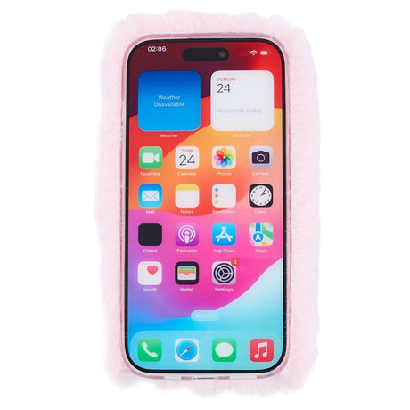 iPhone 15 Fleksibelt Plastbakdeksel m. Pels - Hjerte - Rød / Rosa