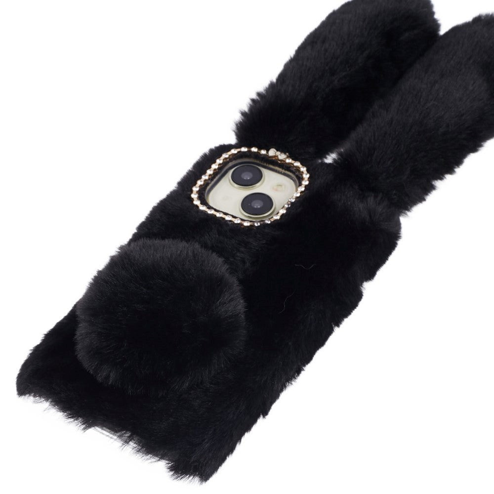 iPhone 15 Fleksibelt Plastbakdeksel m. Pels - Kaninører - Svart