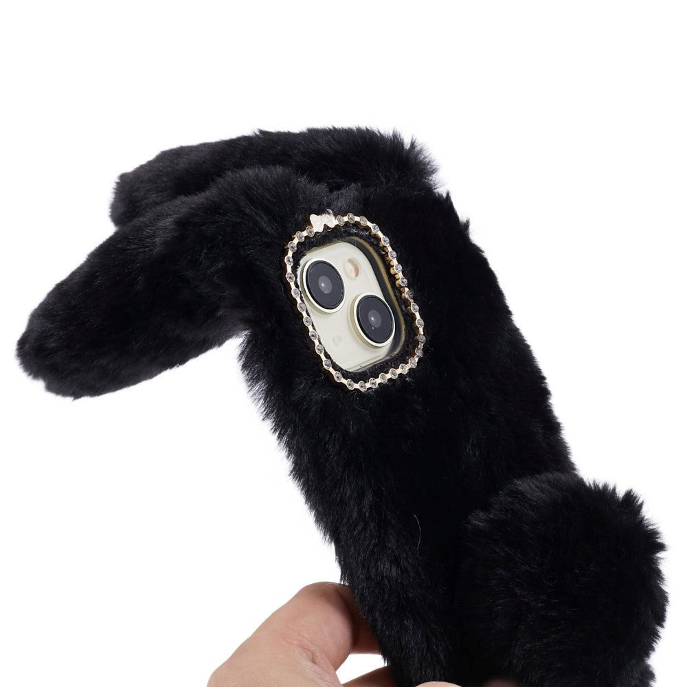 iPhone 15 Fleksibelt Plastbakdeksel m. Pels - Kaninører - Svart