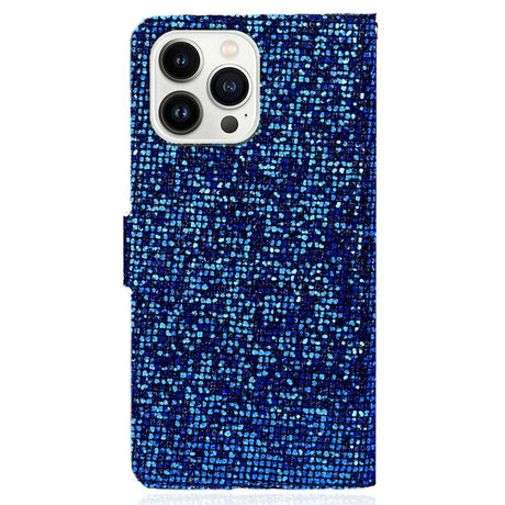 iPhone 15 Pro Kunstskinn Deksel med Lommebok og Stropp - Glitter Design - Blå